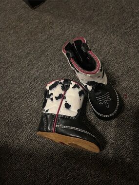 Cow-Print Black & White new born Western Boots with Pink Trim
